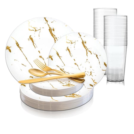 Smarty Had A Party White with Gold Marble Stroke Round Disposable Plastic Wedding Value Set, 720PK 900WGVS120